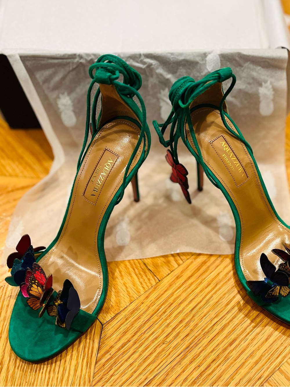 Aquazzura Papillon 105mm Emerald Green Suede Butterfly Tie-Ankle Heels Size 36